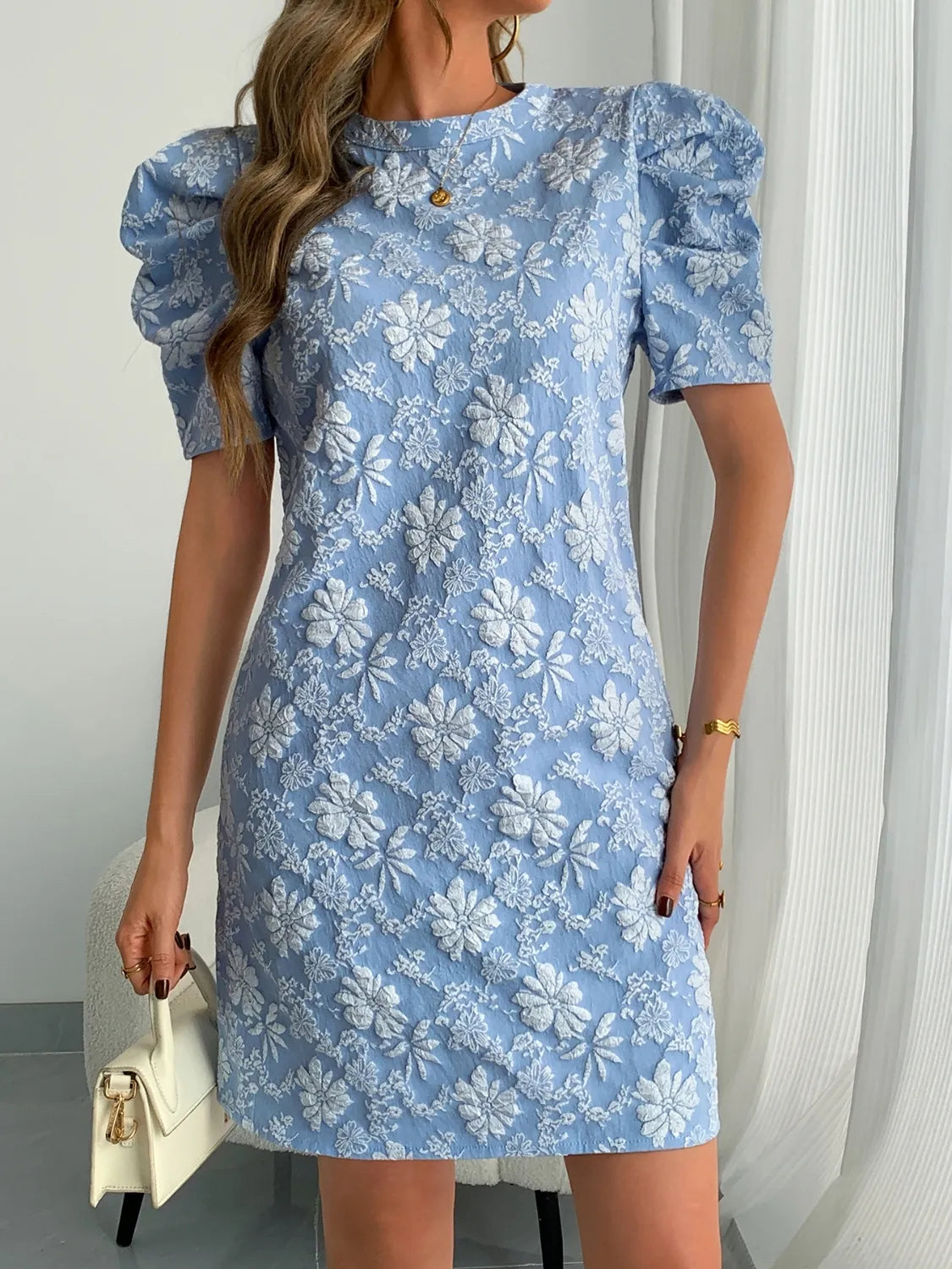 Round Neck Puff Short Sleeve Mini Dress - Tigbul's Variety Fashion Shop