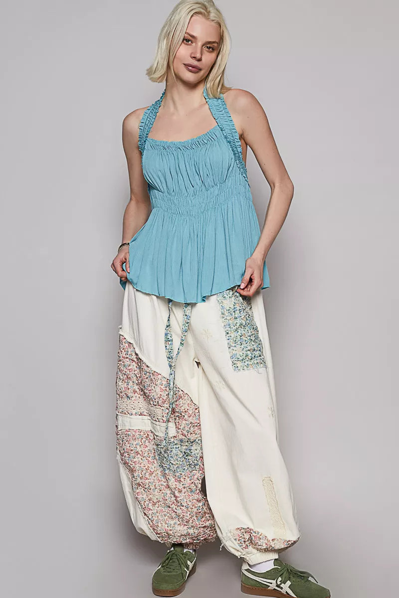 POL Backless Halter Sleeveless Top with Smocking Shirring Detail - Tigbul's Variety Fashion Shop