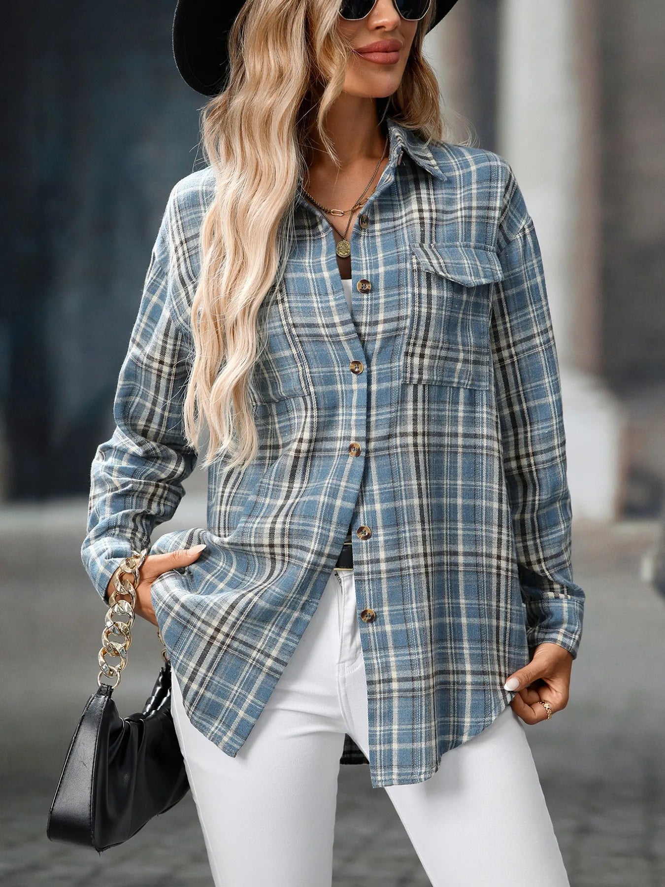 Oversized Plaid Button-Up Shirt - Tigbul's Variety Fashion Shop