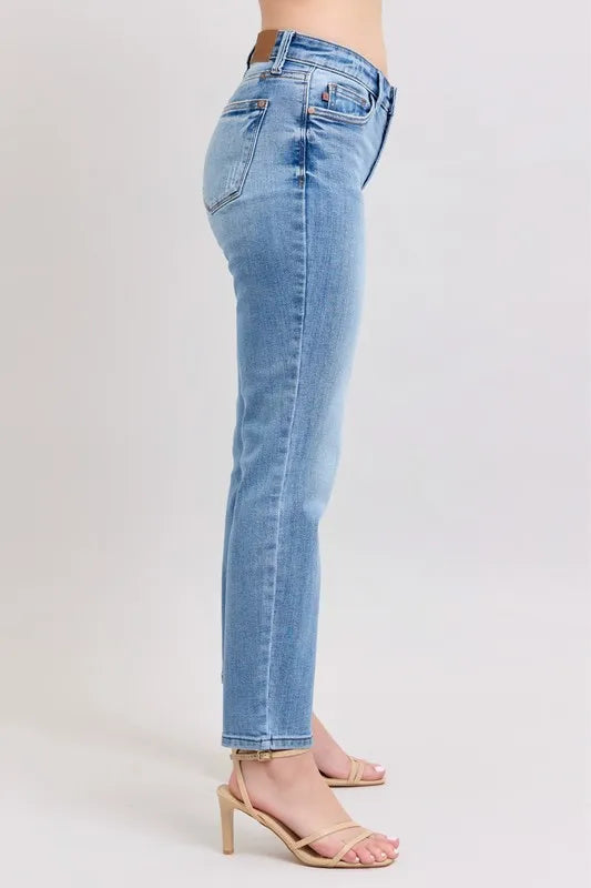 Judy Blue Full Size Mid Rise Vintage Wash Slim Jeans with Cell Phone Pocket Plus Size - Tigbul's Variety Fashion Shop