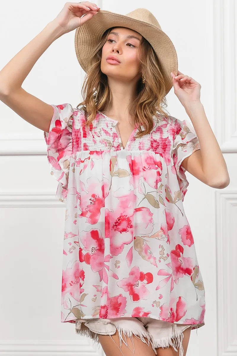 BiBi Floral Print Flutter Sheer Top - Tigbul's Variety Fashion Shop