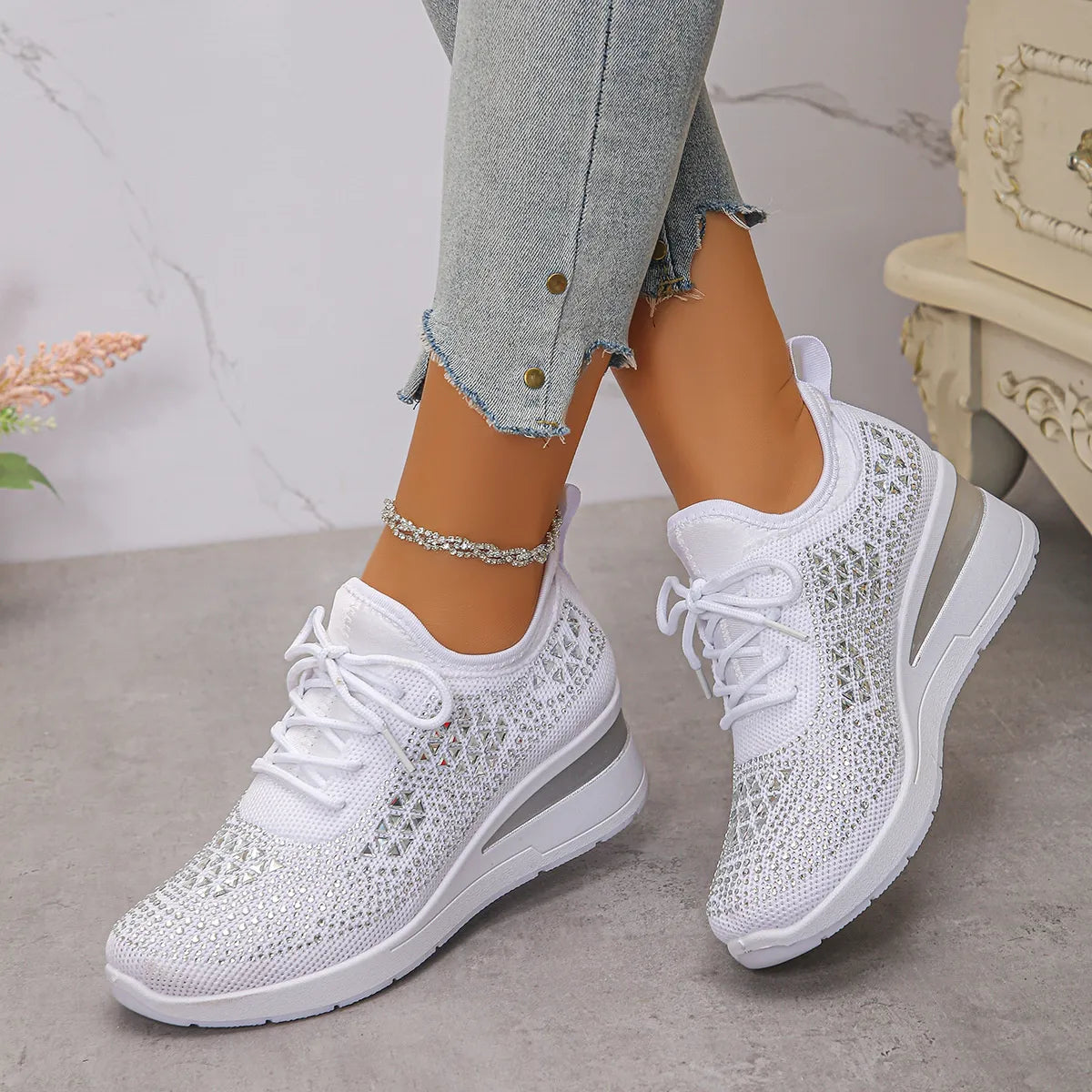 Breathable Mesh Rhinestone Wedge Athletic Sneakers - Tigbul's Variety Fashion Shop