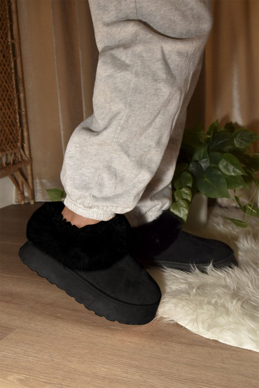 Black Faux-Fur Platform Slip On Booties - Tigbul's Variety Fashion Shop