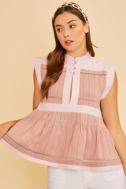 Pink Contrast Trim Peplum Button Detail Blouse - Tigbul's Variety Fashion Shop