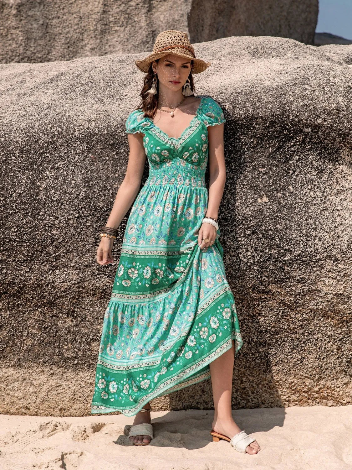 Smocked Printed V-Neck Dress - Tigbul's Variety Fashion Shop