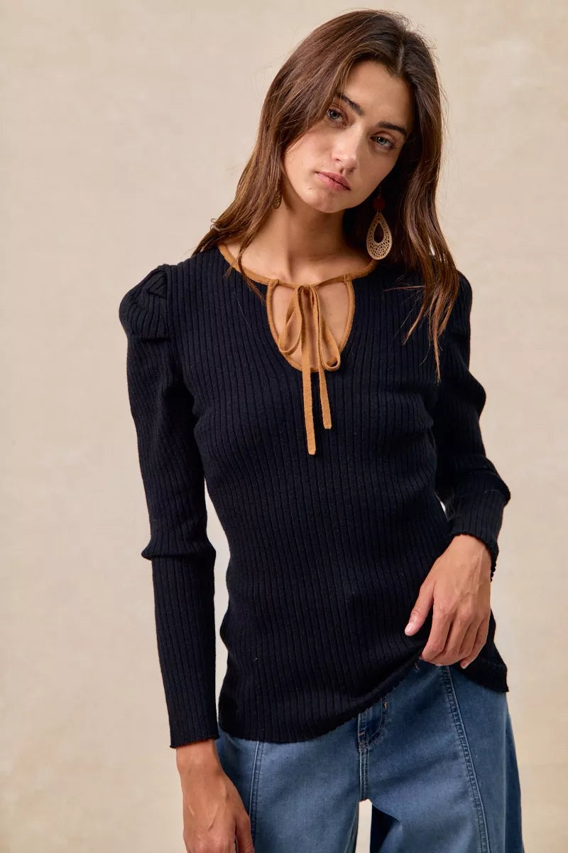 BiBi Ribbed Contrast Front Tied Top with Shrried - Tigbul's Variety Fashion Shop