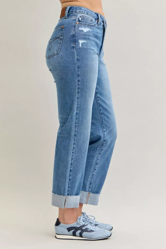 Judy Blue High Waist Bf Criss-cross Mild Destroy Jeans with Single Cuff - Tigbul's Variety Fashion Shop