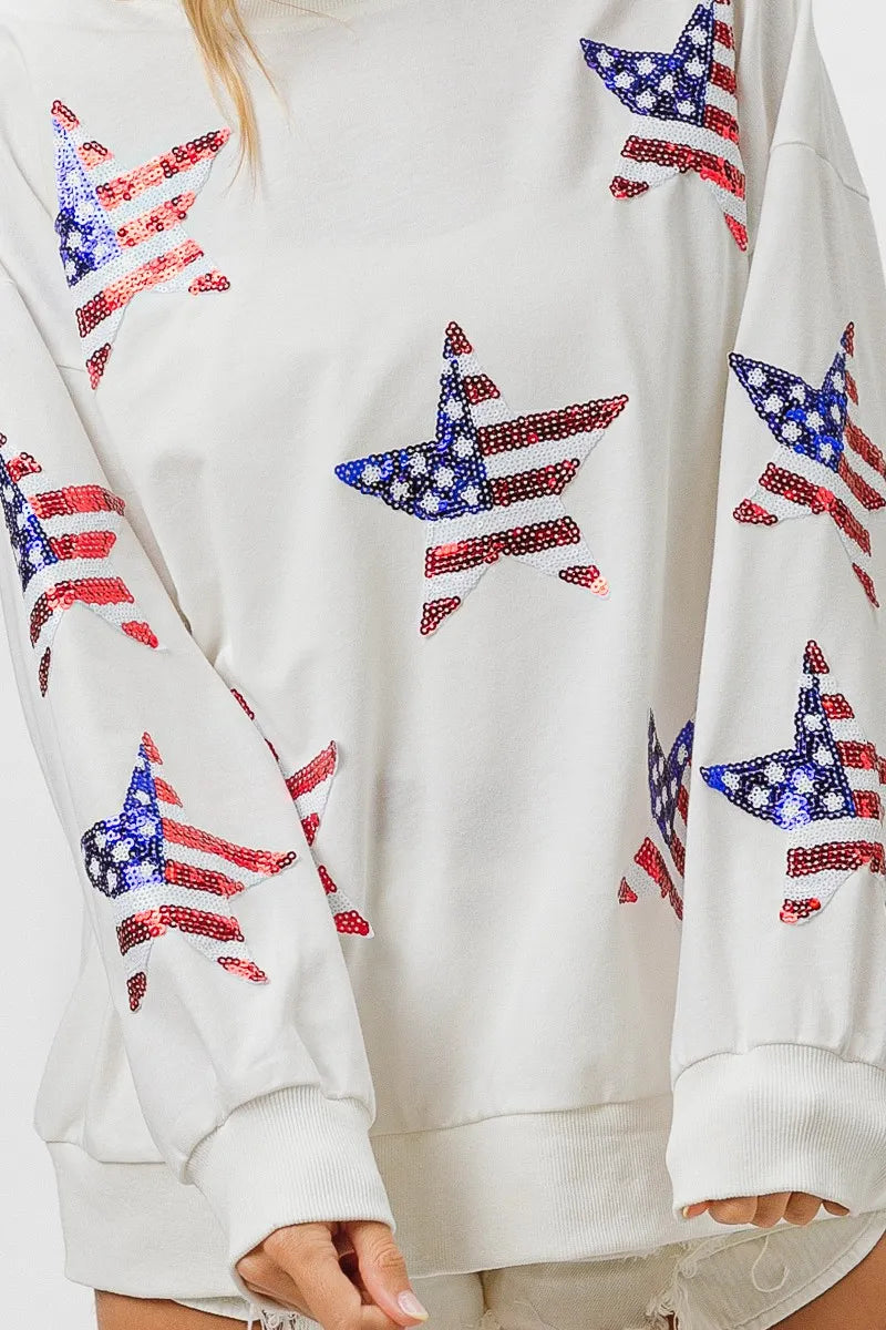 Off White American Flag Sequin Star Sweatshirt - Tigbul's Variety Fashion Shop