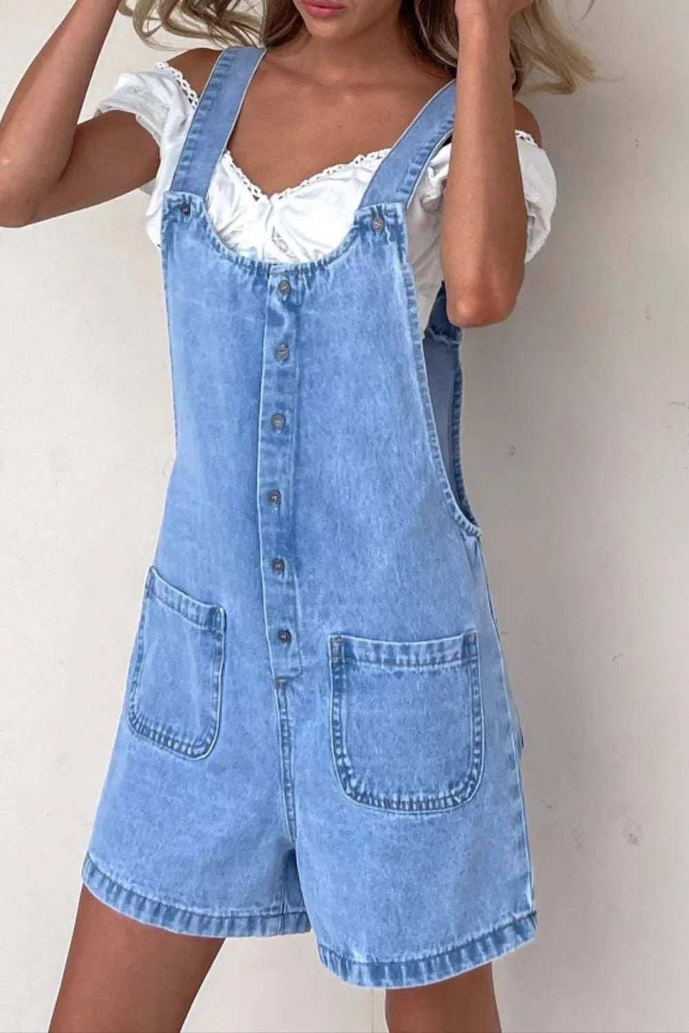 Button Front Denim Overall Shorts with Front Pockets - Tigbul's Variety Fashion Shop