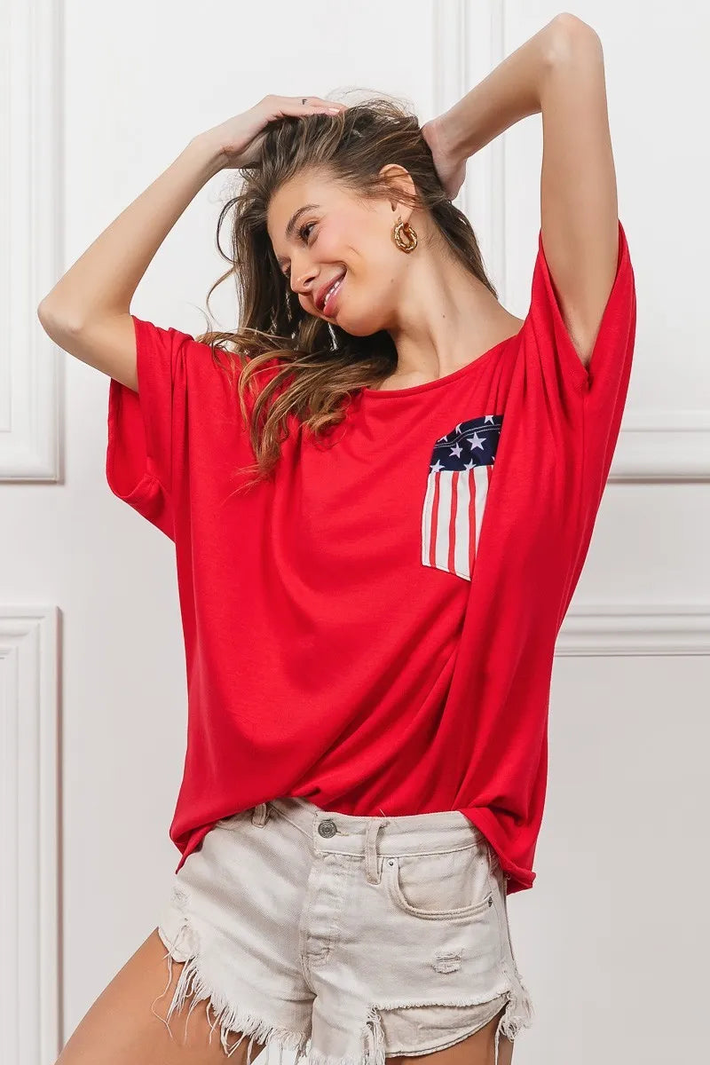 Red French Terry With Front Pocket Dolman Sleeves Top - Tigbul's Variety Fashion Shop