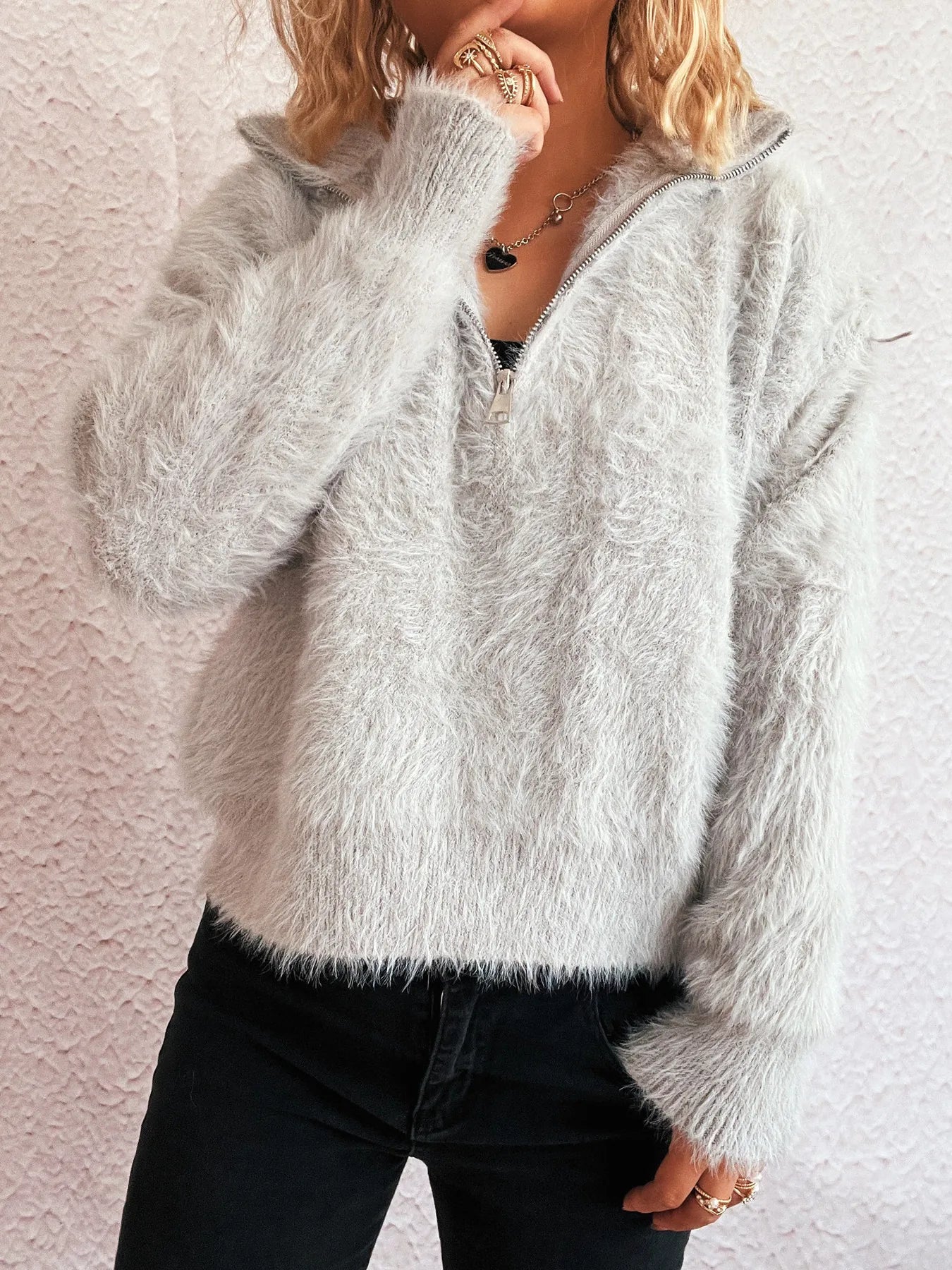 Cozy Fuzzy Half-Zip Sweater - Tigbul's Variety Fashion Shop