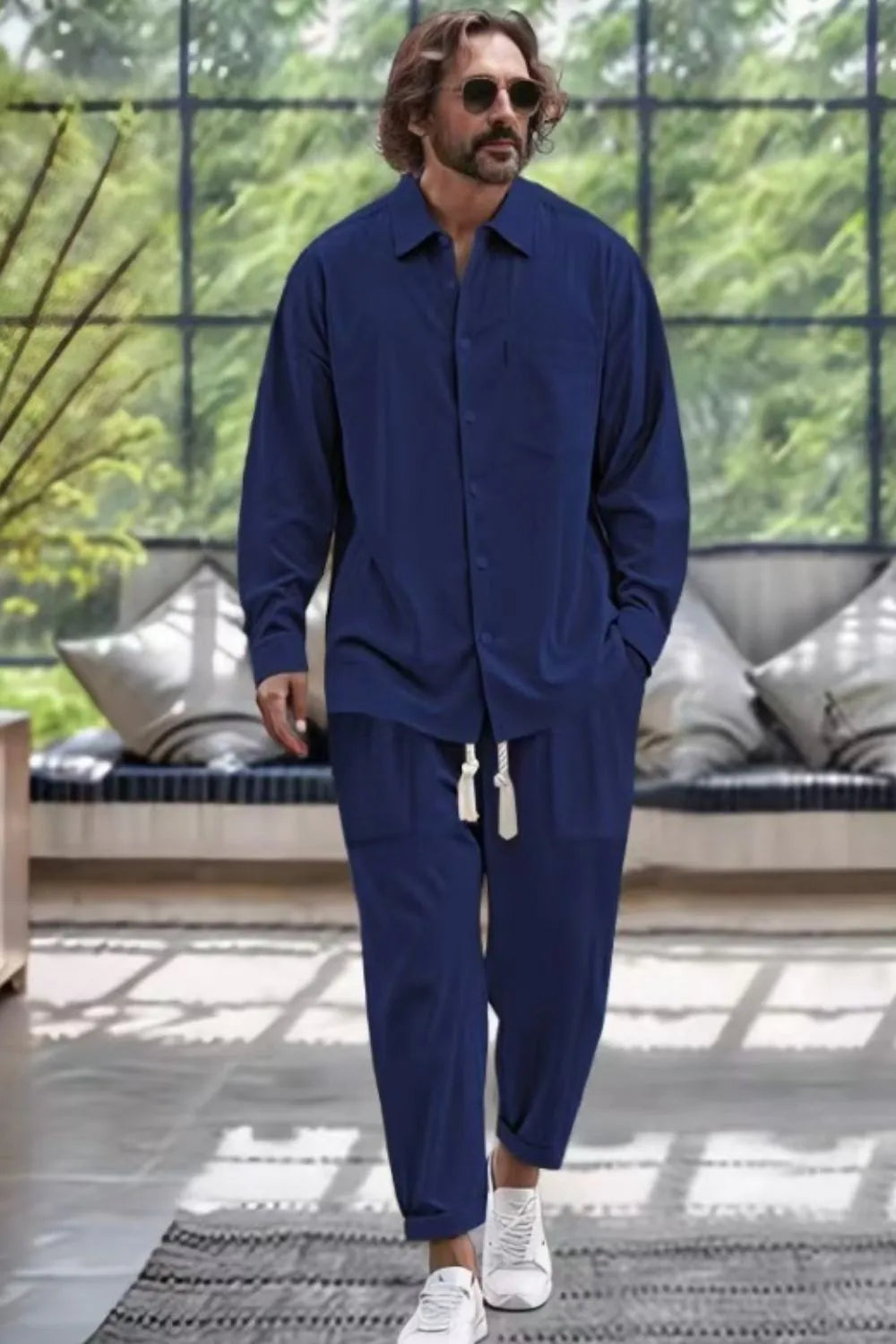 Men's Collared Neck Long Sleeve Top and Pants Set Plus Size - Tigbul's Variety Fashion Shop