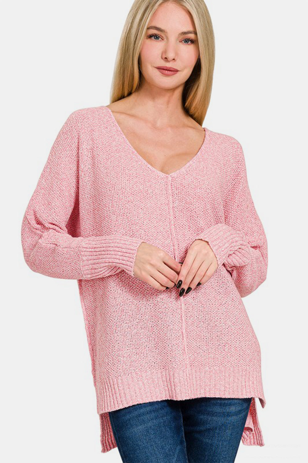 Pink High-Low Center Seam V-Neck Sweater - Tigbul's Variety Fashion Shop