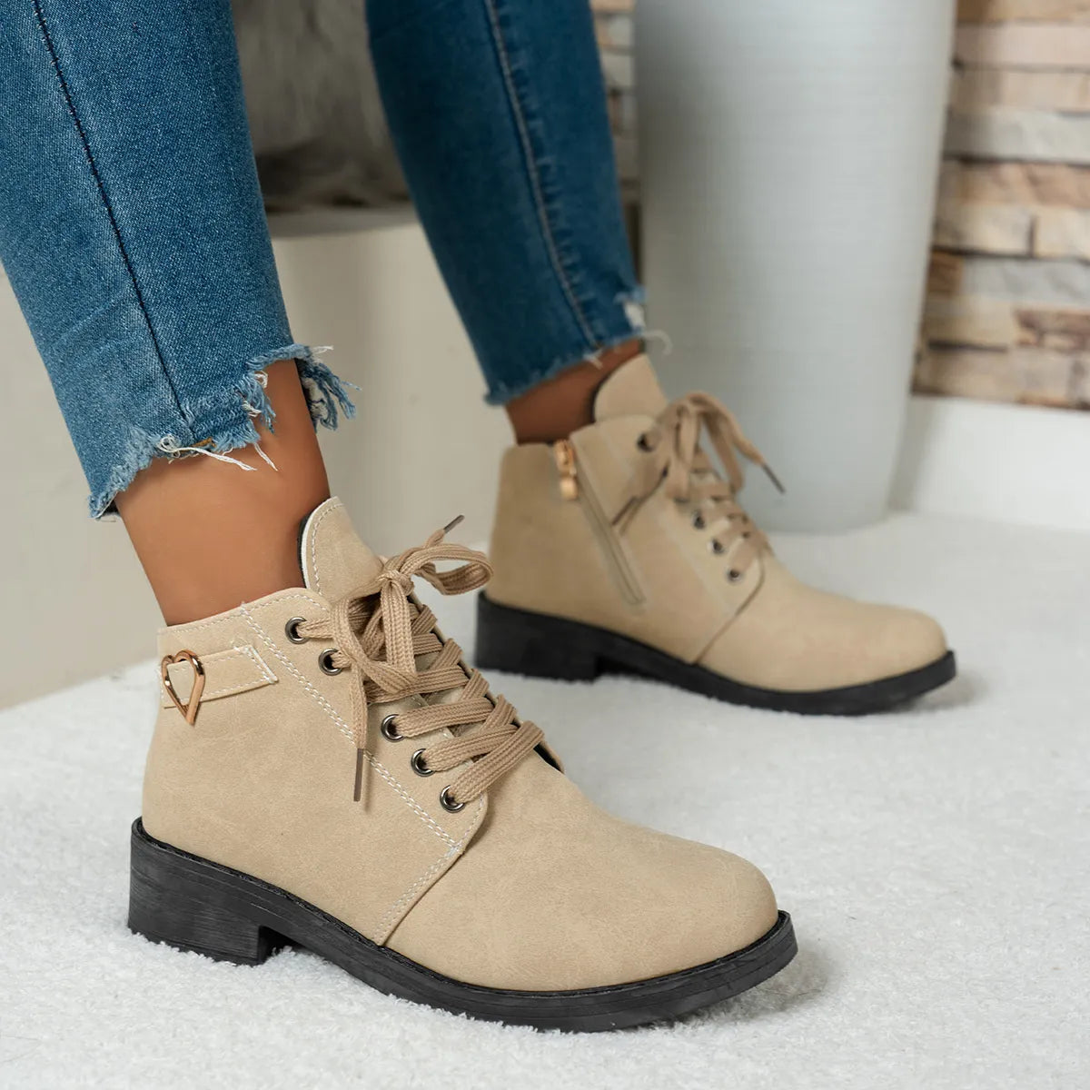 Lace-Up Ankle Boots with Heart Charm Detail - Tigbul's Variety Fashion Shop