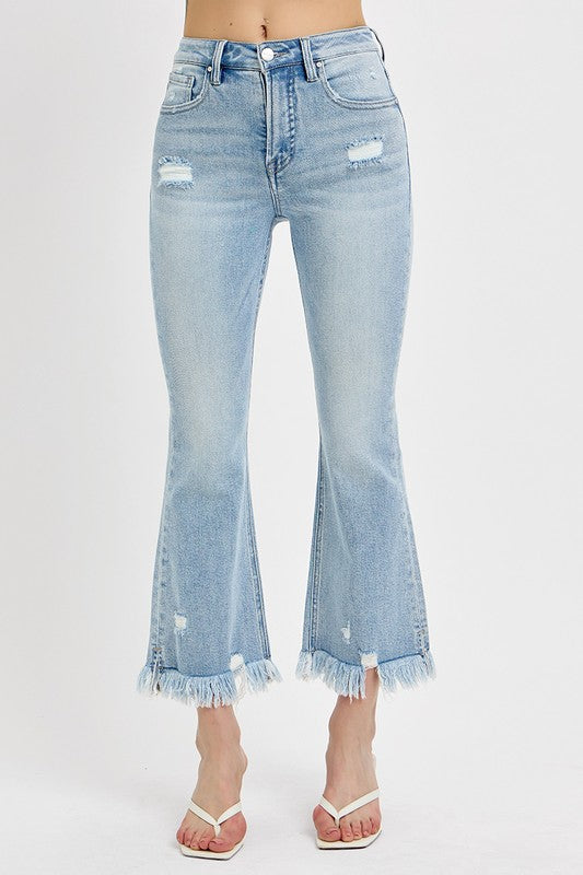 Light Blue Raw Hem Distressed Cropped Flare Jeans Plus Size - Tigbul's Variety Fashion Shop