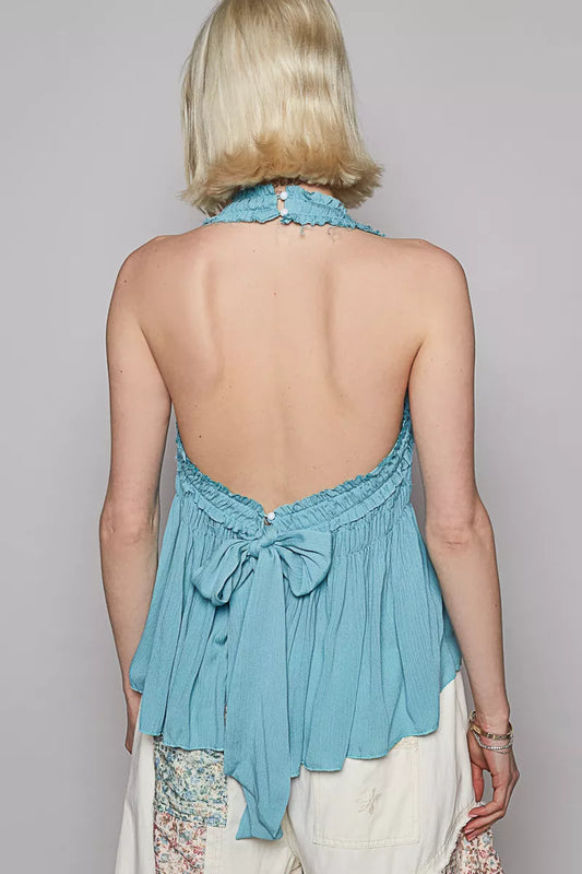 POL Backless Halter Sleeveless Top with Smocking Shirring Detail - Tigbul's Variety Fashion Shop