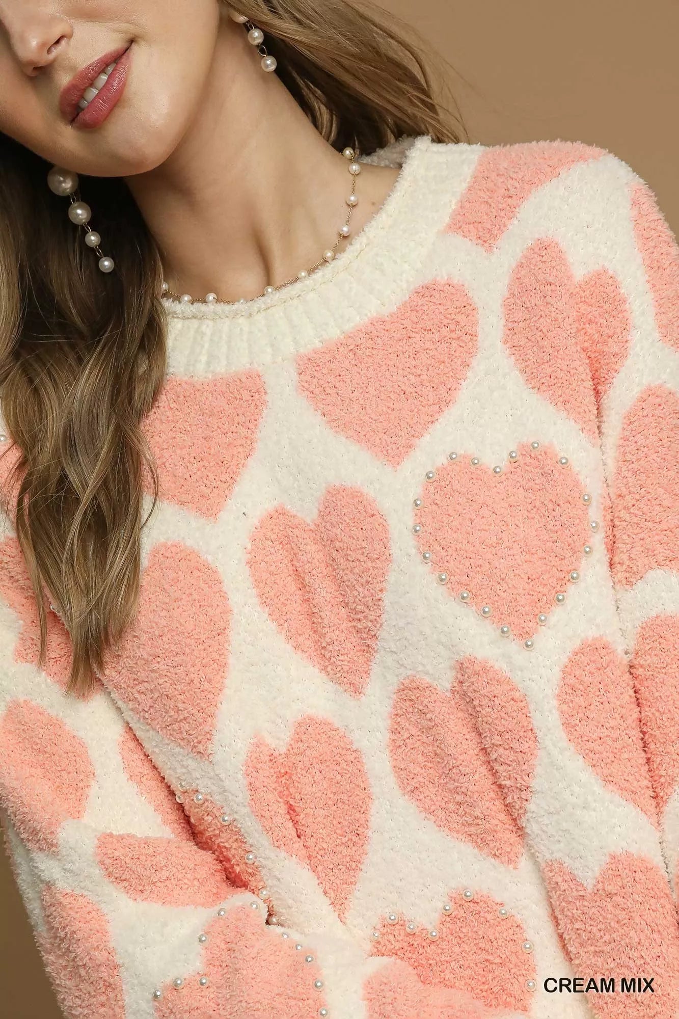 Cream Mix Color Heart Pattern Pearl Accent Sweater - Tigbul's Variety Fashion Shop