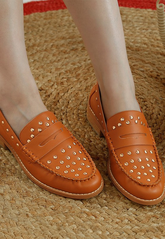 Oglavia Studs Embellished Leather Loafers - Tigbul's Variety Fashion Shop
