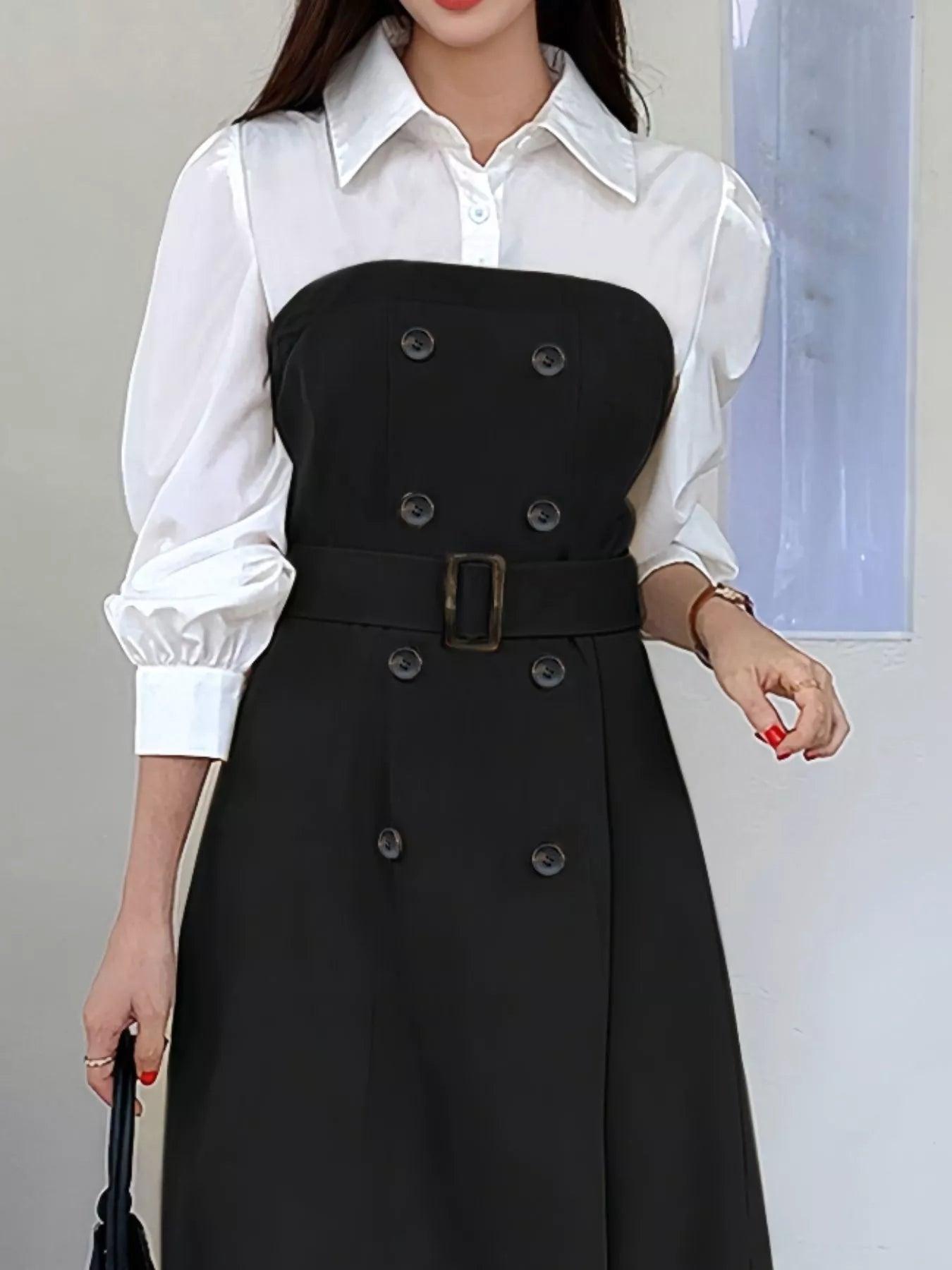 Two Tone Long Sleeve Collared Neck Dress - Tigbul's Variety Fashion Shop