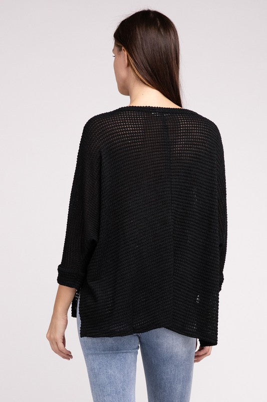 3/4 Sleeve V-Neck Hi-Low Hem Jacquard Sweater - Tigbul's Variety Fashion Shop