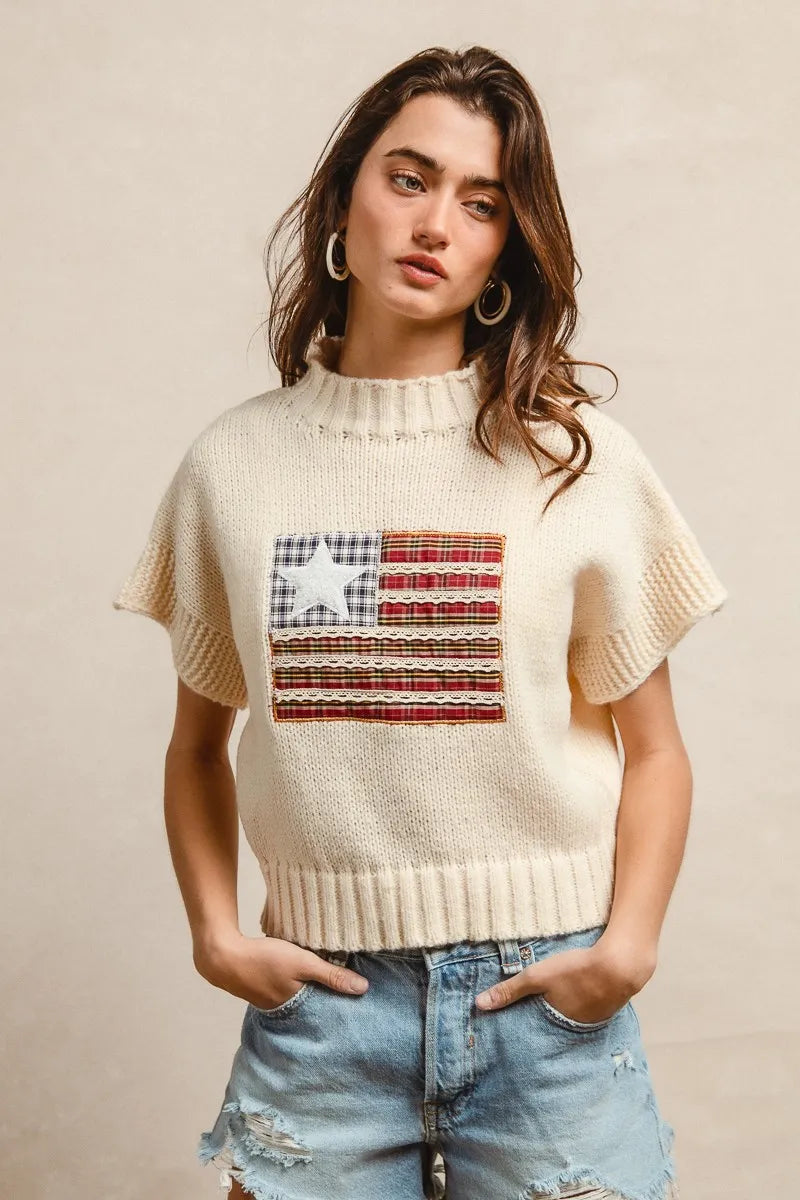 BiBi American Flag Patchwork Drop Shoulder Sweater - Tigbul's Variety Fashion Shop