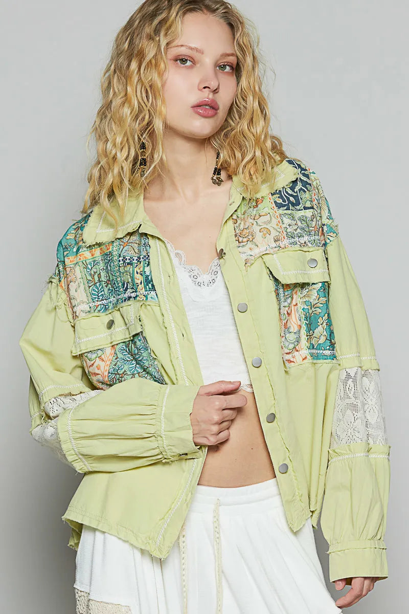 POL Printed Woven Mix Raw Hem Jacket with Lace Detail - Tigbul's Variety Fashion Shop