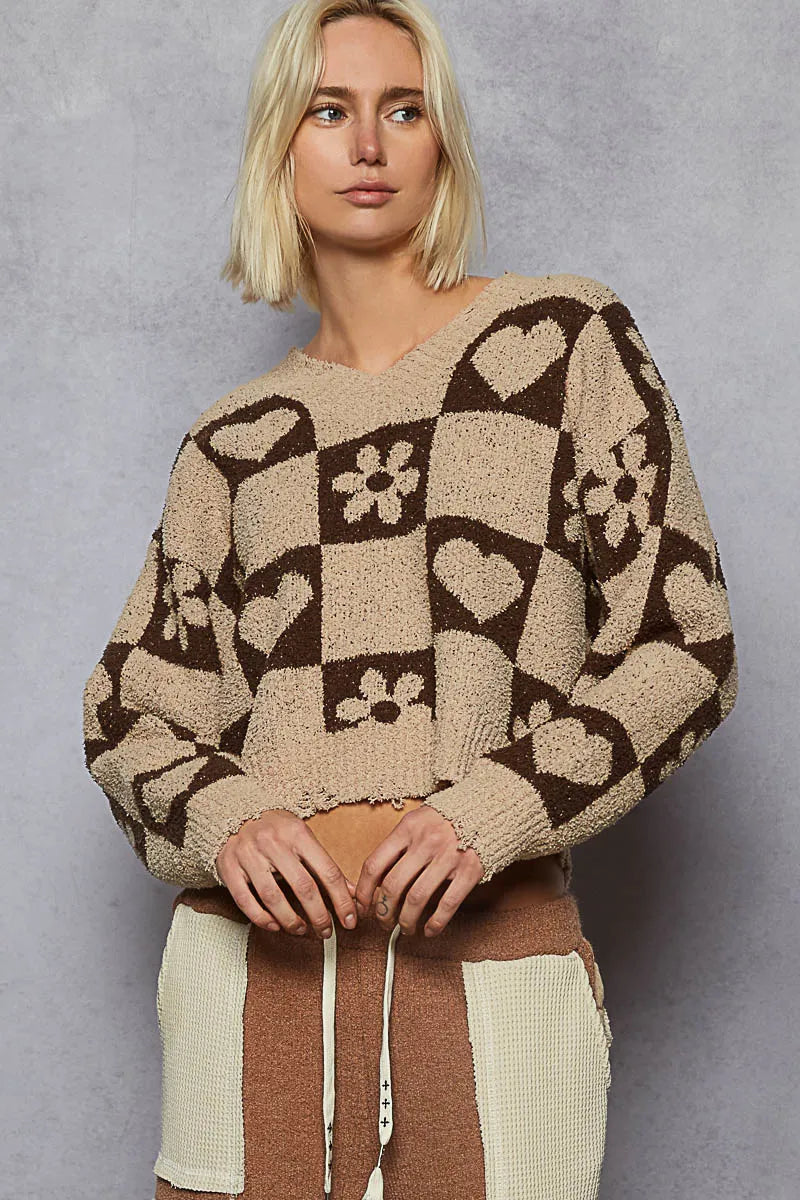 POL V-Neck Heart Pattern Checkered Sweater - Tigbul's Variety Fashion Shop