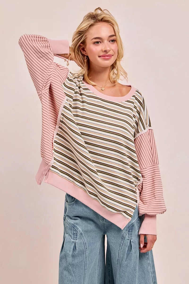 BiBi Stripe Mixed Top With Cut Edge And Reverse Outseam - Tigbul's Variety Fashion Shop