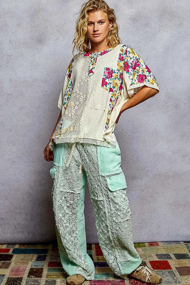POL Lace Round Neck Short Sleeve Floral Pattern Top with Patch Detail - Tigbul's Variety Fashion Shop