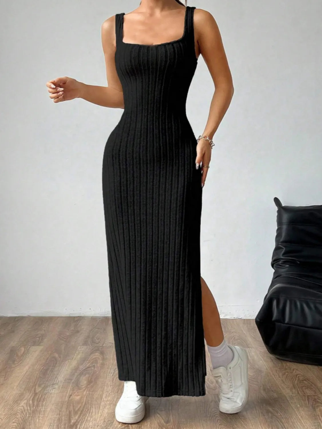 Cutout Square Neck Wide Strap Knit Dress - Tigbul's Variety Fashion Shop