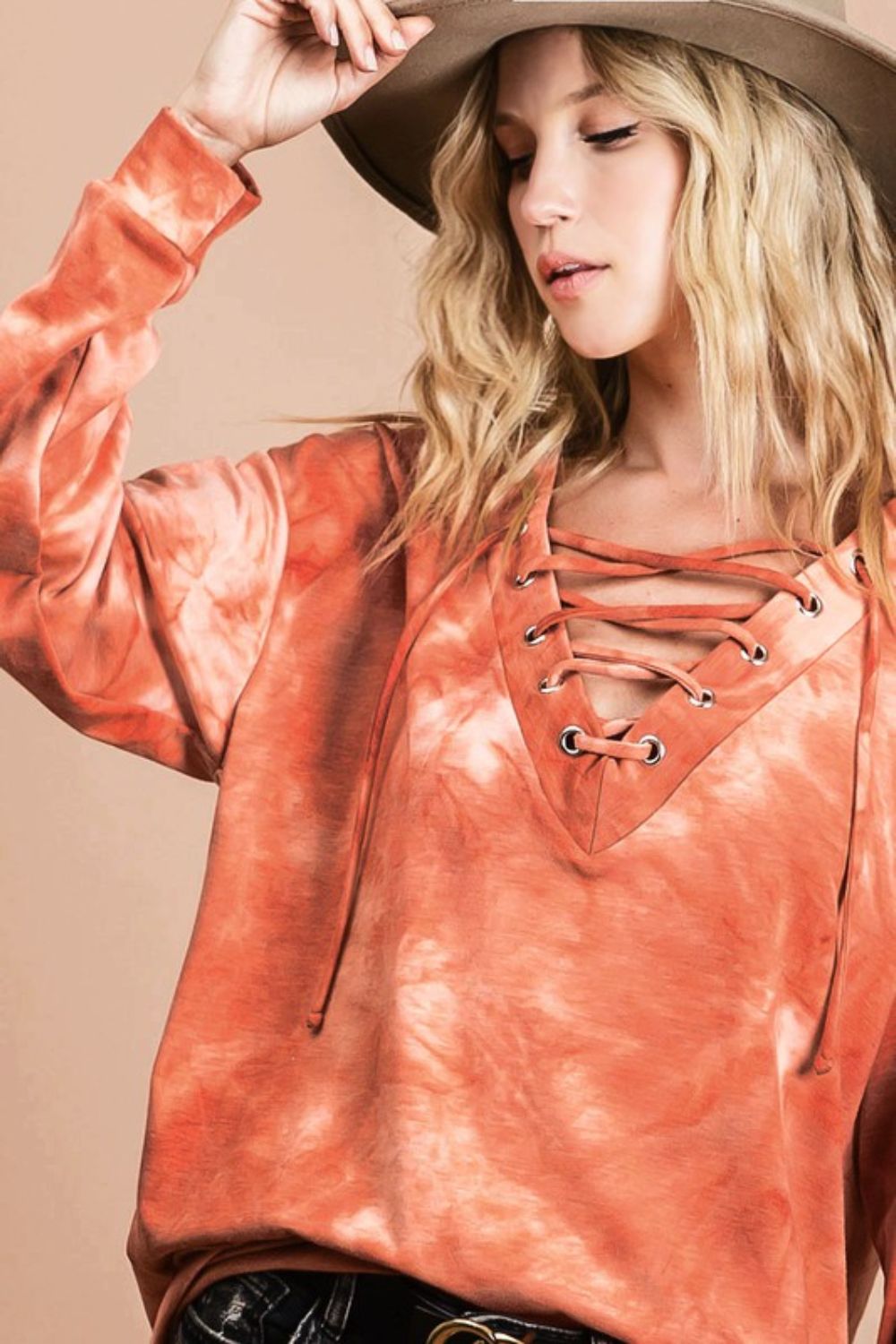 BiBi Lace-Up Tie-Dye French Terry Long Sleeve Top - Tigbul's Variety Fashion Shop