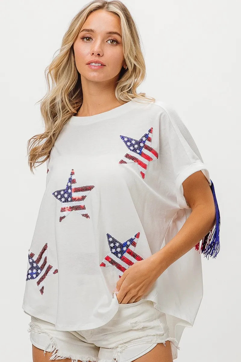 American Flag Sequin Star Fringe Top - Tigbul's Variety Fashion Shop