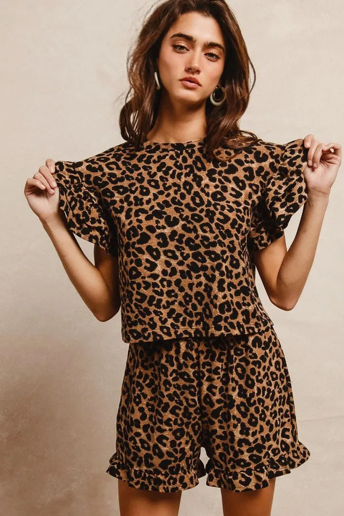 BiBi Leopard Print Waffle Texture Layered Ruffle Sleeve Top and Shorts Set - Tigbul's Variety Fashion Shop