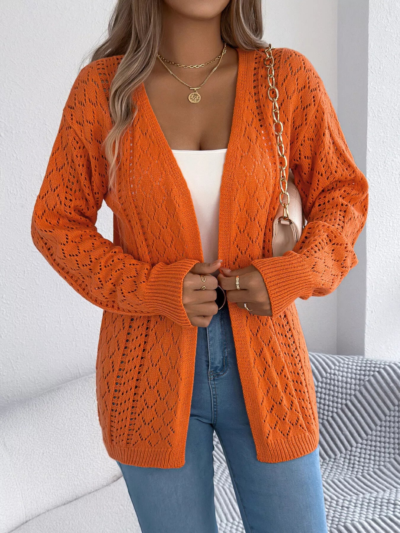 Openwork Open-Front Long Sleeve Cardigan - Tigbul's Variety Fashion Shop