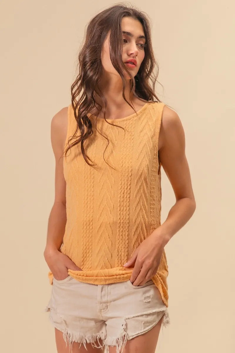 Textured Sweather Knit Twist Back Sleeveless Yellow Top - Tigbul's Variety Fashion Shop