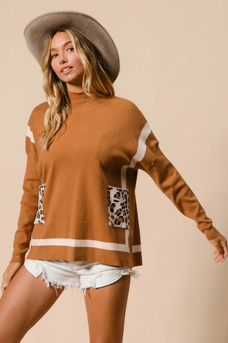 BiBi Mock Neck Sweater with Leopard Pocket - Tigbul's Variety Fashion Shop