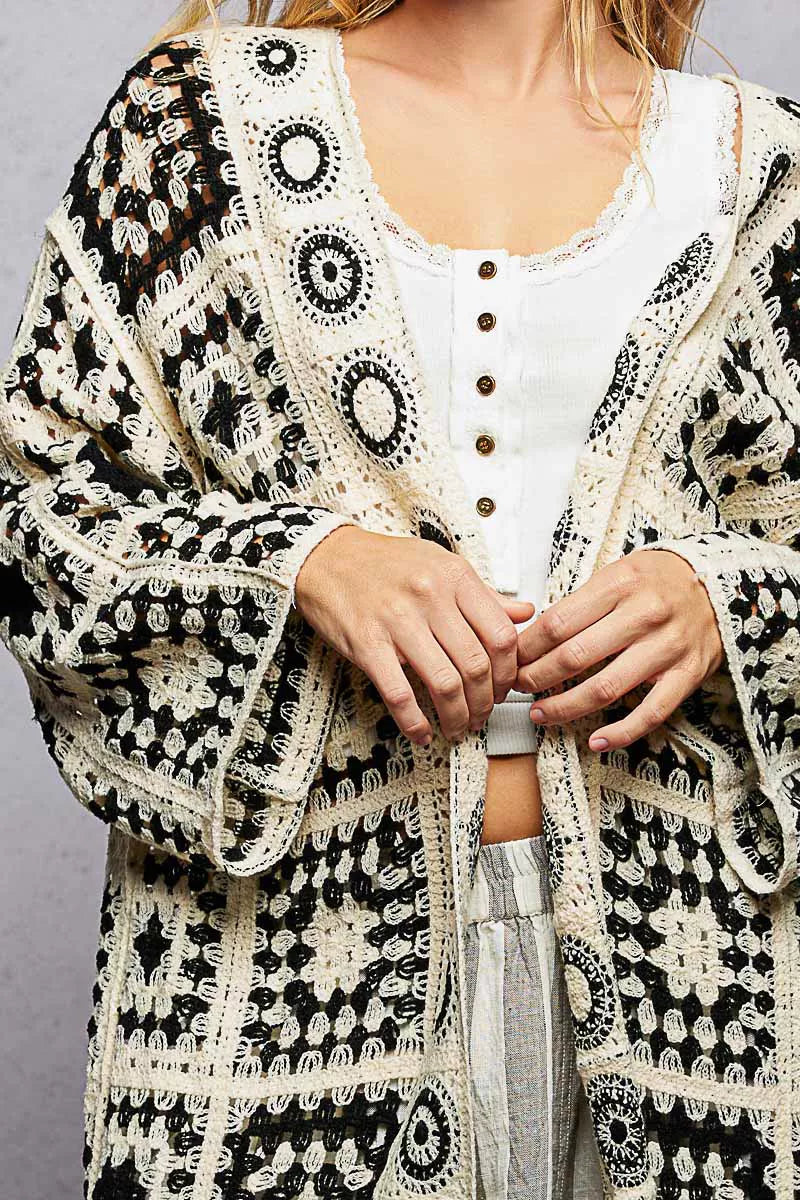 POL Open Front Crochet Cardigan with Granny Square Pattern - Tigbul's Variety Fashion Shop