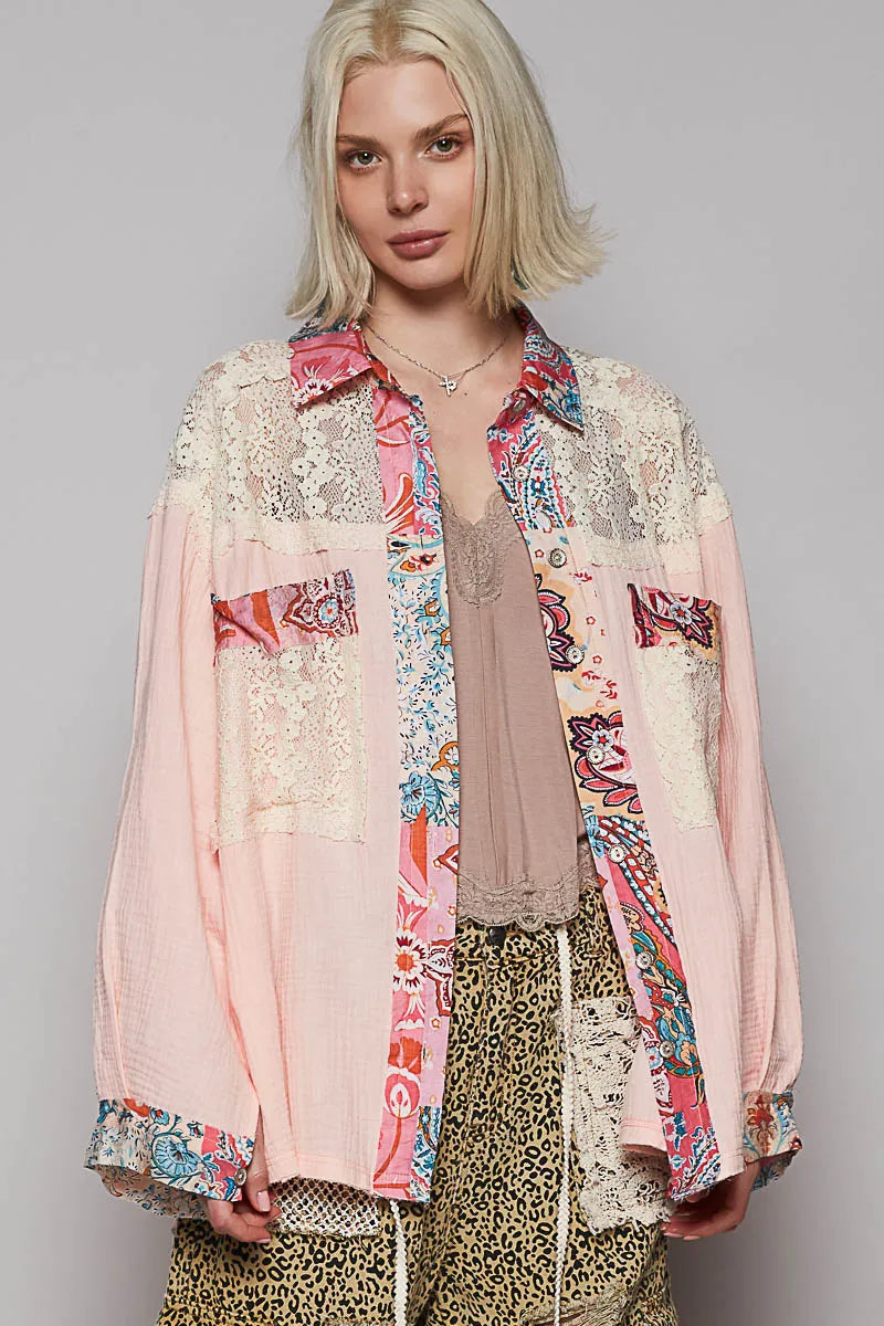 POL Lace Patchwork Floral Trim Long Sleeve Shirt - Tigbul's Variety Fashion Shop