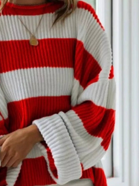 Full Size Contrast Striped Round Neck Sweater Plus Size - Tigbul's Variety Fashion Shop