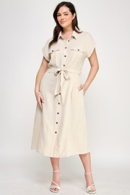 Front Tied Buttoned Short Sleeve Dress - Tigbul's Variety Fashion Shop