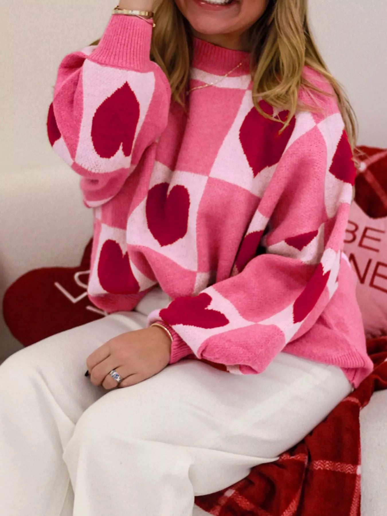 Heart Pattern Checkered Round Neck Sweater - Tigbul's Variety Fashion Shop
