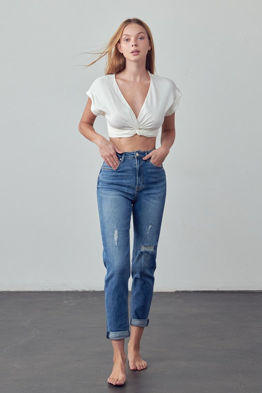 High Rise Ripped Girlfriend Jeans - Tigbul's Variety Fashion Shop