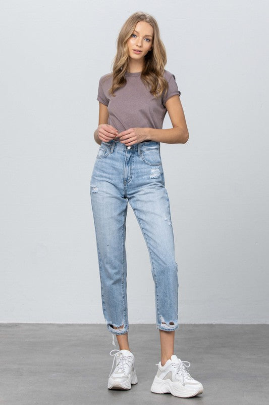 High Waist Ripped Hem Tapered Jeans - Tigbul's Variety Fashion Shop