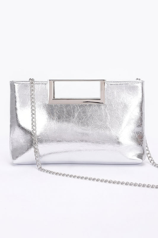 Metallic Leather Metal Handle Clutch - Tigbul's Variety Fashion Shop