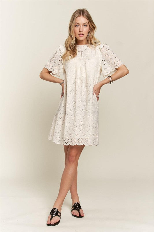 Natural Ruffled Eyelet Round Neck Dress - Tigbul's Variety Fashion Shop