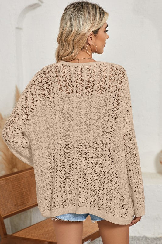 Out Crochet Knit Drop Shoulder Open Front Cardigan - Tigbul's Variety Fashion Shop