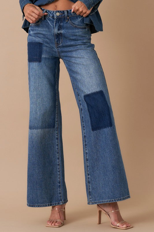 Relaxed Wide Leg Patchwork Blue Jeans - Tigbul's Variety Fashion Shop