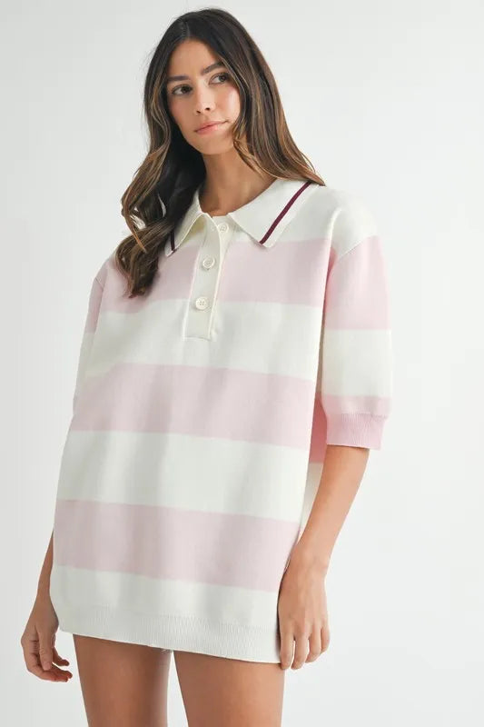 Pink Oversized Stripe Polo Collar Sweater - Tigbul's Variety Fashion Shop