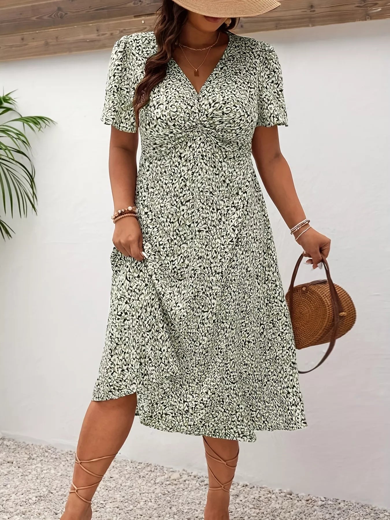 Plus Size Printed V-Neck Short Sleeve Midi Dress - Tigbul's Variety Fashion Shop