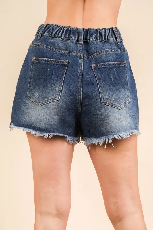 Raw Hem Pocketed Contrast Washed Denim Shorts - Tigbul's Variety Fashion Shop